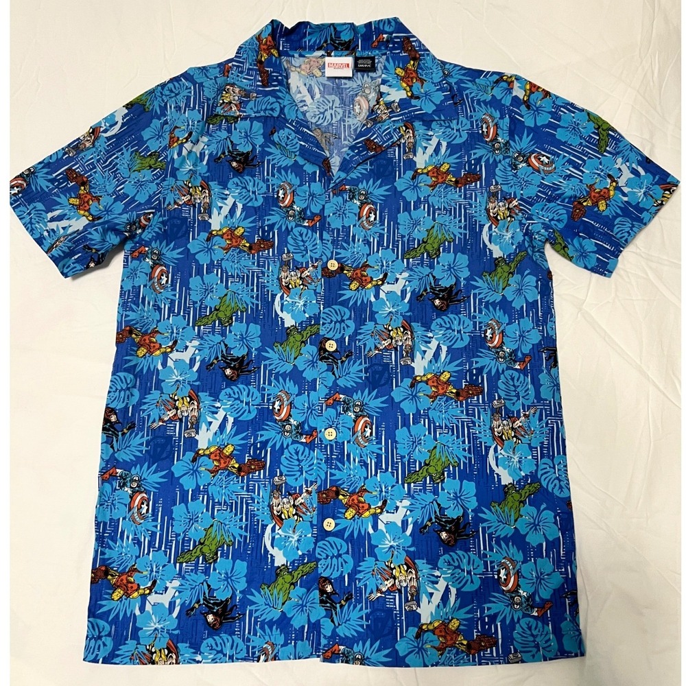 Marvel Avengers Blue Tropical Floral Button Up Shirt Mens Small Cotton Hawaiian